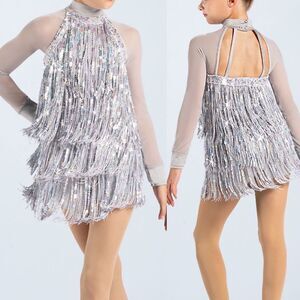Weissman dance costume silver fringe long sleeve Bad Boy Good Man 13016 MC 10/12